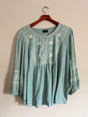 Lane Bryant Sage Green Embroidered Peasant Blouse